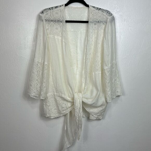 Bohemian Mixed Media Tie Front White Top Cardigan Size XL - Picture 1 of 6